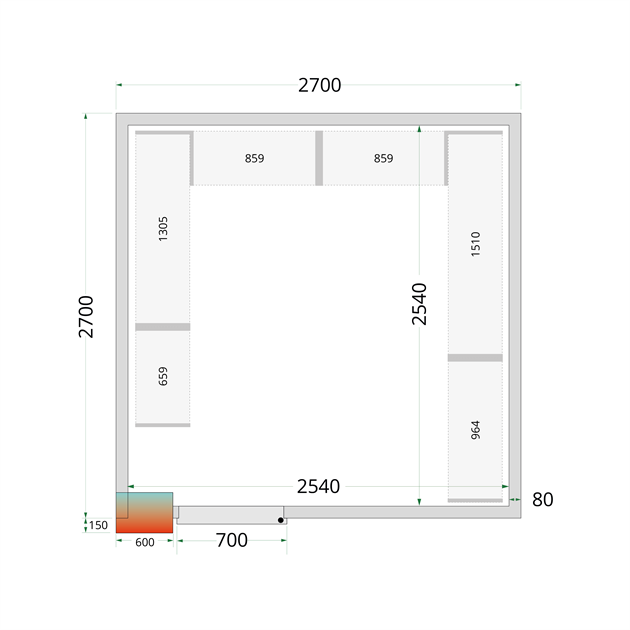 TFW-CR 270x270x212 NF Kylrumspaneler med 80 mm isolering – utan golv