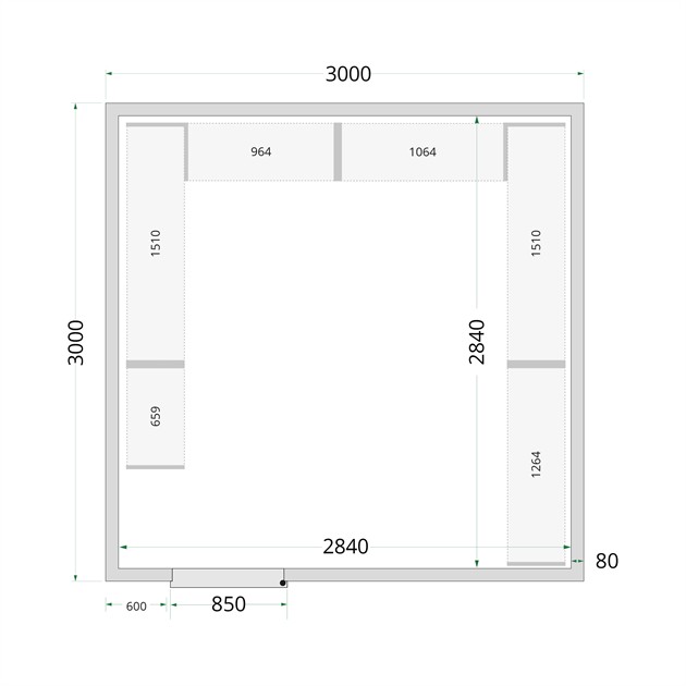 TFW-CR 300x300x220 WD 80 mm kylrumspaneler med 850 mm bred dörr
