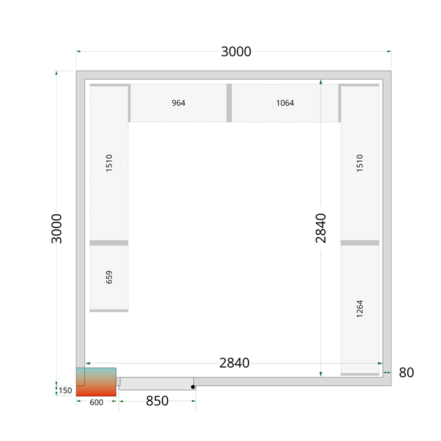 TFW-CR 300x300x220 WD 80 mm kylrumspaneler med 850 mm bred dörr