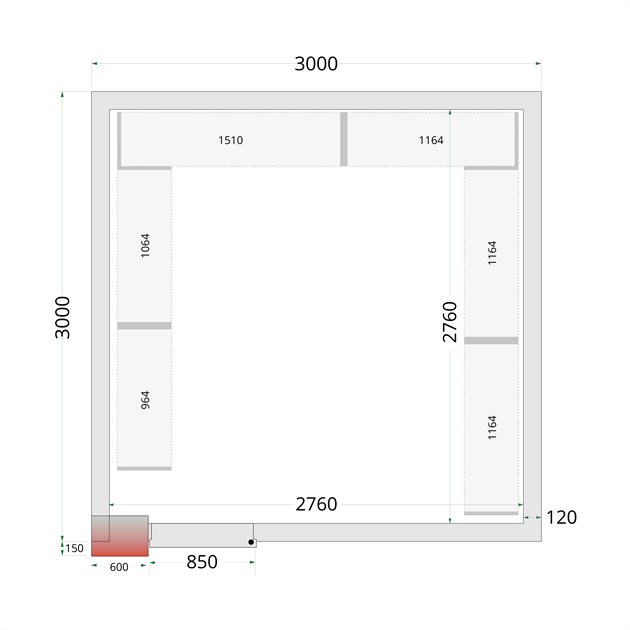 TFW-CR 300x300x220 WD 120 mm kylrumspaneler med 850 mm bred dörr