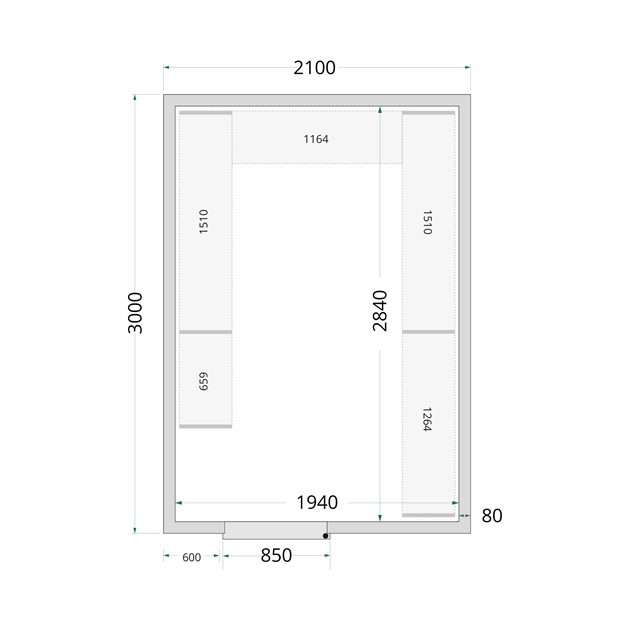 TFW-CR 210x300x220 WD 80 mm kylrumspaneler med 850 mm bred dörr