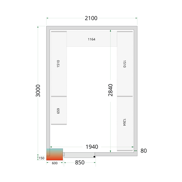 TFW-CR 210x300x220 WD 80 mm kylrumspaneler med 850 mm bred dörr