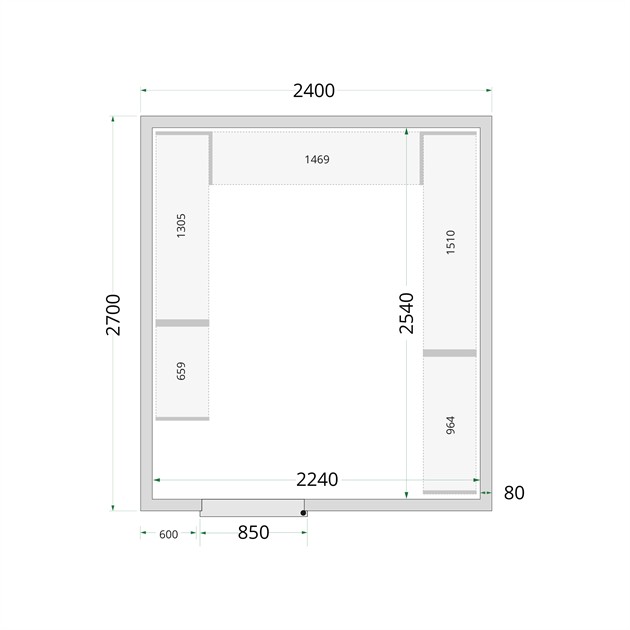 TFW-CR 240x270x220 WD 80 mm kylrumspaneler med 850 mm bred dörr